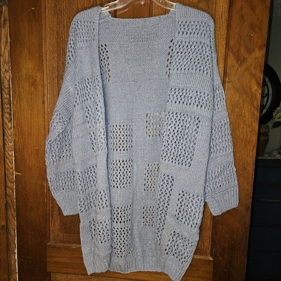 Grey Oversized Crochet Cardigan Women's Small | Boho Cozy Long‑Sleeve Layer New - Picture 4 of 7